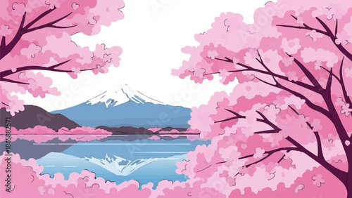 Pink cherry blossoms frame a reflective lake with a snow-capped mountain in the distance