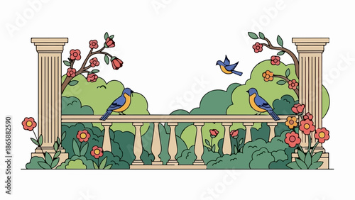Gentle balcony scene with birds perched, one in flight, amidst blooming trees and lush foliage