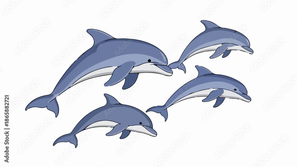 Obraz premium Four playful dolphins swimming in a group, depicted with blue and white coloring