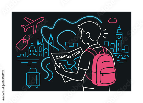 Exploring New Horizons. First day abroad. A figure looks at a campus map with a backdrop of a foreign city; glowing lines represent curiosity and possibility.