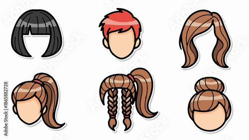 Collection of diverse cartoon hairstyles for figures, featuring varied colors and styles