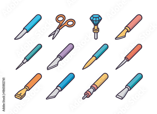 Precision Cutting Tools. Precision cutting tools. Colorful isometric vector icons set of Precision cutting tools: micro scalpels, micro scissors, diamond