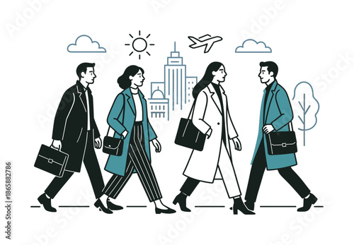 Chic Commuters in Style. People walking on a city street dressed in stylish outfits ? chic morning commute. Clean lines trace long coats and sleek bags; soft