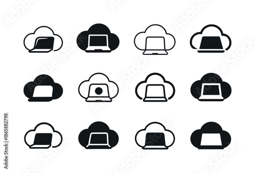 Remote Work Icons. Remote work revolution post-pandemic. Icon set. Set Logo of Remote work revolution post-pandemic: cloud workspace. harmonious logo
