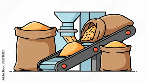 Industrial process showing sacks being filled with grain on a conveyor