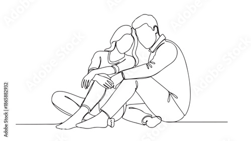Minimalist Line Drawing Capturing a Couple's Tender Embrace, Symbolizing Love, Connection, and Emotional Support in a Quiet Moment