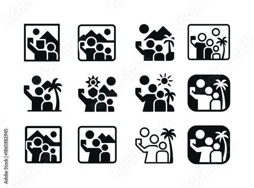 Family Vacation Logos. taking a family vacation photo. Icon set. Set Logo of taking a family vacation photo: family selfie with scenic background. harmonious