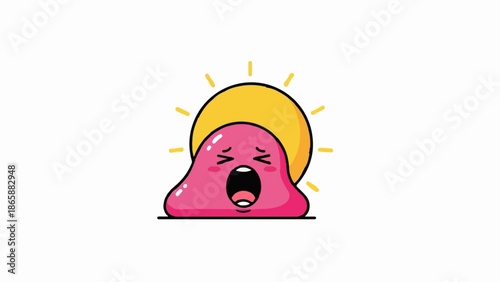Pink blob character yawning with sun behind it
