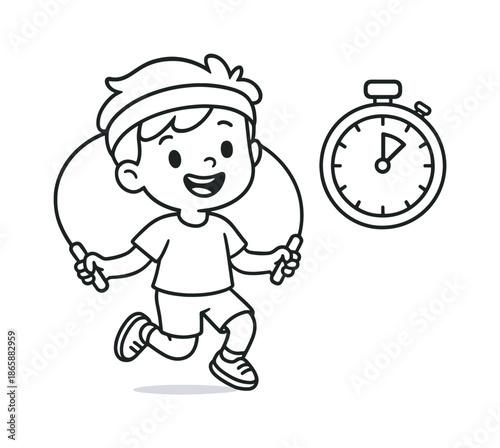 Jump Rope Coloring Fun. Jump-rope interval children?s coloring book illustration, outlined drawing, a cheerful child skipping rope next to a basic timer icon,