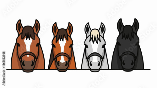 Four horse heads in brown, light brown, white, and black