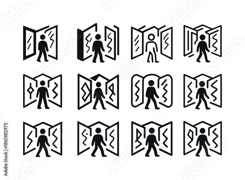 Mirror Maze Logos. wandering through a maze of mirrors. Icon set. Set Logo of wandering through a maze of mirrors: distorted reflection. harmonious logo