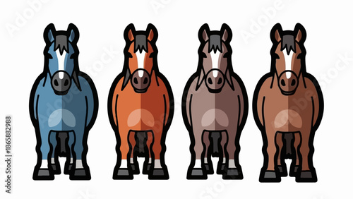Four stylized horses in different colors stand in a row