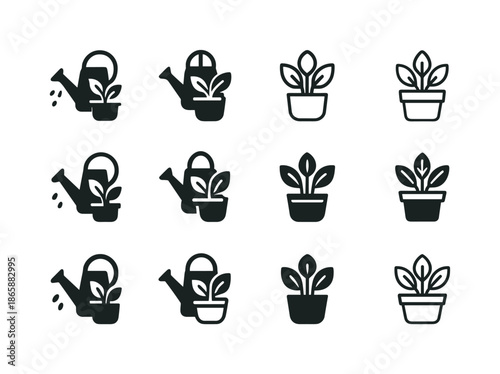 Balcony Plant Logos. Arranging Plants on a Balcony. Icon set. Set Logo of Arranging Plants on a Balcony: watering can beside leafy pot. harmonious logo