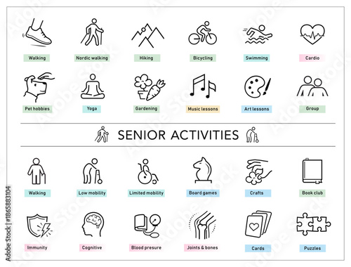 Senior activities set icons. Perfect for health and wellness and pharmacy graphics, this versatile icon set is ideal for health projects. EPS10.	