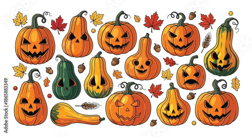 Autumn harvest illustration featuring pumpkins gourds and colorful fall maple leaves
