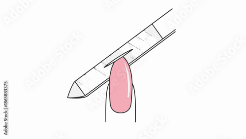 Pink nail being shaped with a nail file, close up on a white background