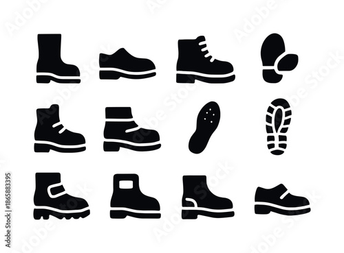 Safety Footwear Icons. Safety footwear. Solid icon set of safety footwear: boots, steel toe, laces, sole, grip, ankle support, reflective strip, insole, tread,