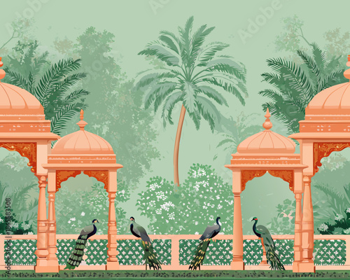 An illustrated view of peach domes palm trees and peacocks in a garden
