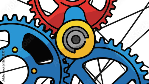 Interlocking colorful gears and spokes on white background