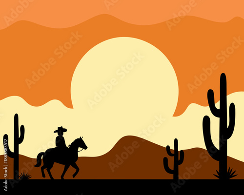 A lone cowboy rides across a desert landscape under a setting sun