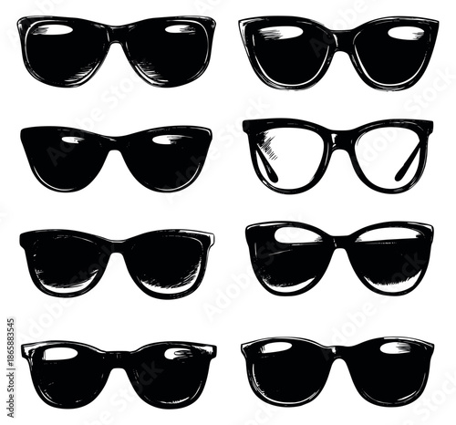 Hand drawn line art sunglasses set featuring various eyewear styles for summer vacation