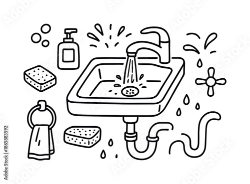 Sink Doodle Icons. Sink. Hand-drawn doodle illustration Sink kitchen sink, bathroom sink, faucet lever, soap dispenser, water stream, drain plug, splash arcs,