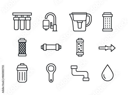 Water Filter Icon Set. Home water filtration. Line icon set of Home water filtration: under-sink filter, faucet filter, pitcher filter, sediment cartridge,