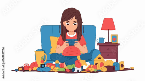 Girl sitting on a couch surrounded by scattered toys, playing on her phone