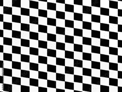 A distorted black and white checkered pattern creates an optical illusion