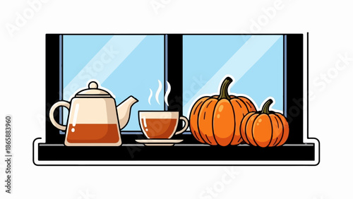 Cozy autumn scene with a teapot, steaming cup of tea, and pumpkins on a windowsill
