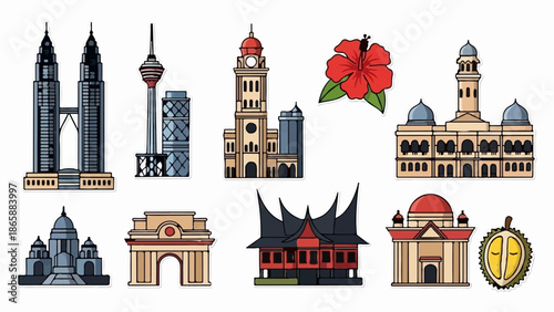 Diverse collection of architectural landmarks, a flower, and a fruit