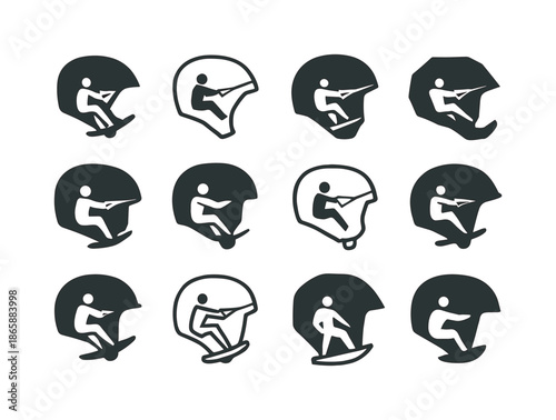 Wakeboarding Logos Variety. Wakeboarding. Icon set. Set Logo of wakeboarding: helmet. harmonious logo variations of the same emblematic concept, each with