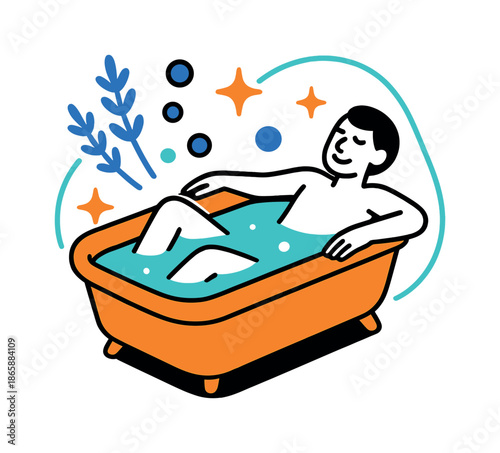 Healing Bath Energy. Healing Bath Energy. A minimal bathtub shape filled with glowing water holds a relaxed figure, while floating shapes of lavender, bubbles,