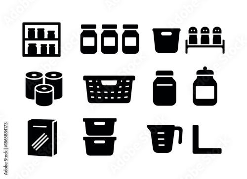 Pantry Icon Set. Organizing a pantry. Solid icon set of Organizing a pantry: pantry shelves, labeled jars, storage bins, spice rack, canned goods, basket,
