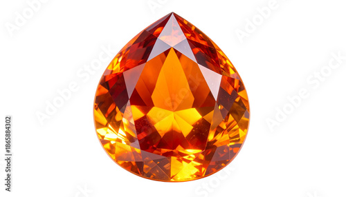 A meticulously faceted, drop-shaped, orange gemstone against a black backdrop