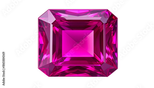 Square-cut, faceted jewel, vibrant magenta color, isolated on black