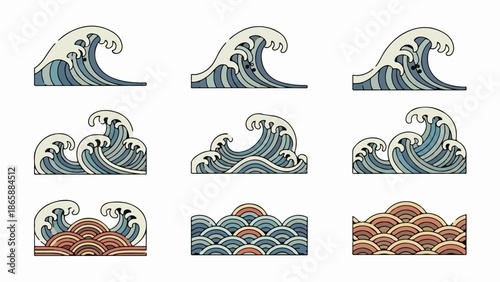 Nine artistic representations of stylized ocean waves in varying designs and colors