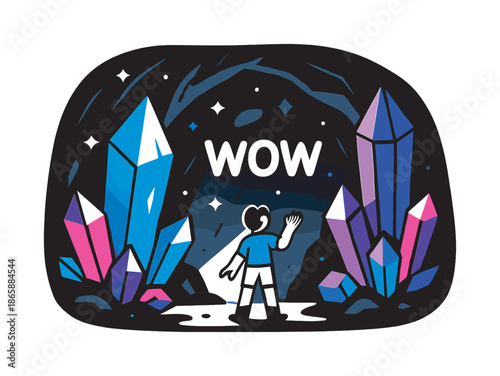 Crystal Cave Wonder. Crystal Cave Magic. A cave chamber sparkles with oversized glowing crystals in bold shapes, floating motes of light, and soft beams