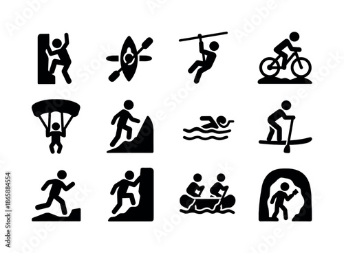 Adventure Icon Set. Adventure Activities. Solid icon set of Adventure Activities: rock climbing, kayaking, ziplining, mountain biking, skydiving, surfing,