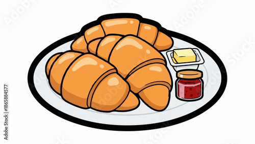 Golden croissants served with butter and jam on a plate for breakfast
