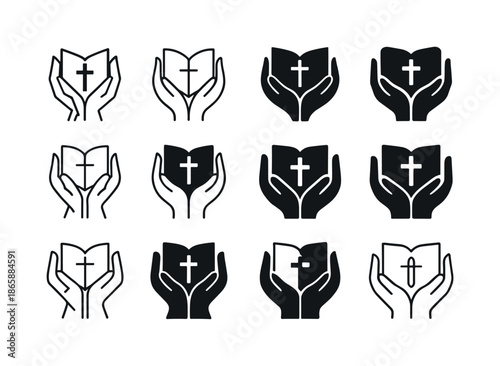 Catholic Mission Icons. Catholic Mission Work. Icon set. Set Logo of Catholic Mission Work: helping hands and Bible. harmonious logo variations of the same
