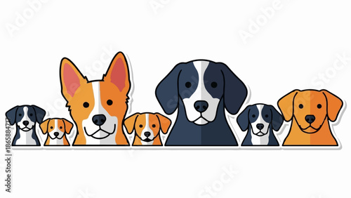 Diverse dog breeds, varying in size and color, lined up against a white background