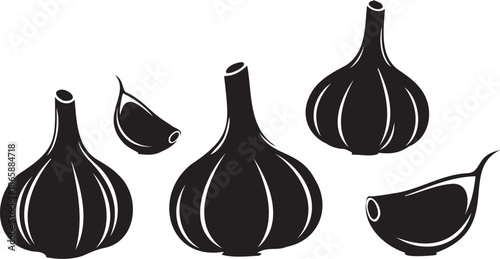 Set of 5 Black Garlic Bulbs and Cloves Silhouette Vector