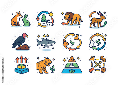 Isometric Food Chain Icons. Food Chain. Colorful isometric vector icons set of Food Chain: predator-prey pair, ecosystem loop, hunting arrows, scavenger icon,