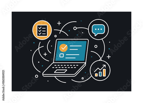 Startup Toolkit Elements. Startup toolkit. Essential icons hover around a central laptop?tasks, messages, analytics. Lines connect everything in motion. Modern