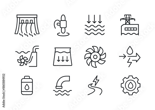 Hydropower Icon Set. Hydropower Adoption. Line icon set of Hydropower Adoption: dam icon, small hydro turbine, water flow arrows, hydro plant, micro-hydro