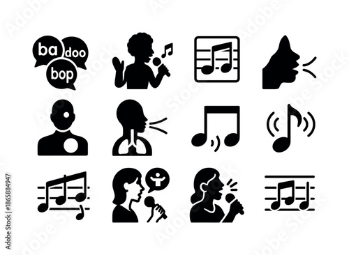 Jazz Singing Techniques Icons. Jazz singing techniques. Solid icon set of Jazz singing techniques: scat syllables, improvisation icon, jazz phrasing, vocal