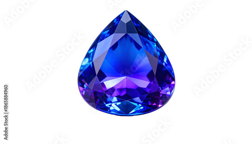A dazzling, faceted, teardrop-shaped gemstone with a deep blue hue