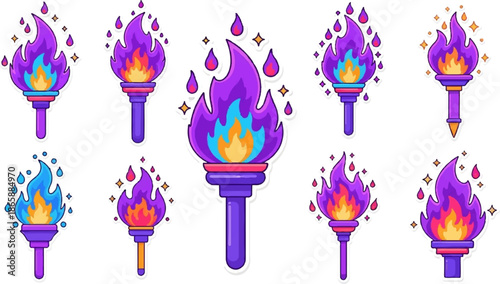 Pixel art collection of diverse, brightly colored torches with pixelated flames and sparkling accents