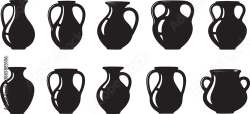 Set of 10 Black Silhouette Pottery Vases and Jugs Vector Icons